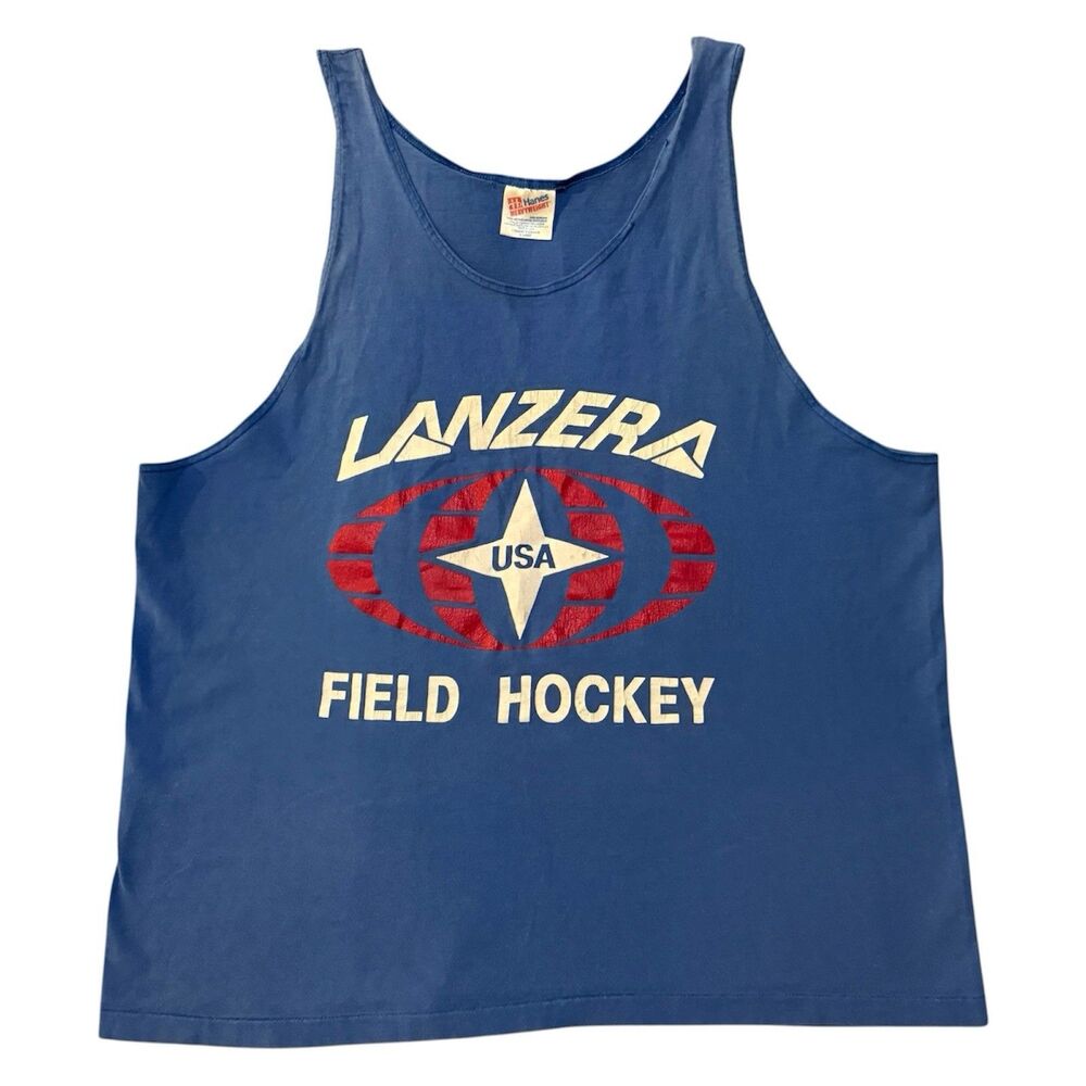 Vintage 90s Lanzera USA Field Hockey Tank Top Hanes Heavyweight Mens XL Blue